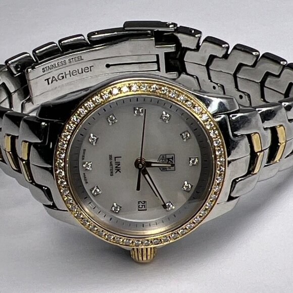 TAG Heuer Ladies Link Quartz Date Watch WJF1354 MOP Dial Diamond Bezel 27mm - Picture 1 of 16